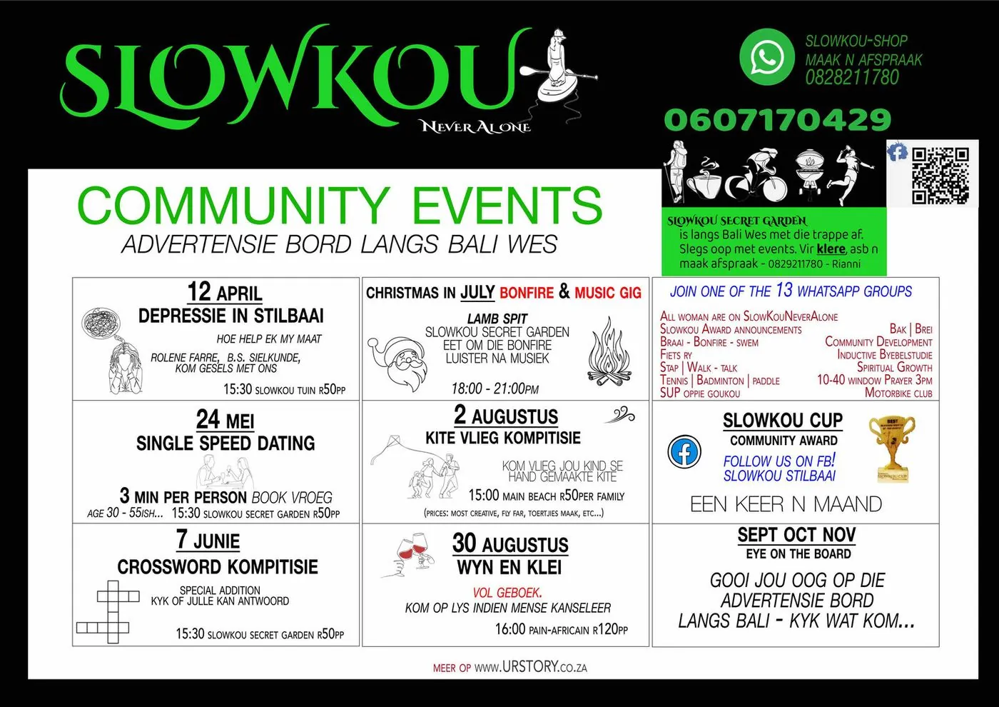 A colourful Slowkou community events poster with a calendar of dates and a QR code.