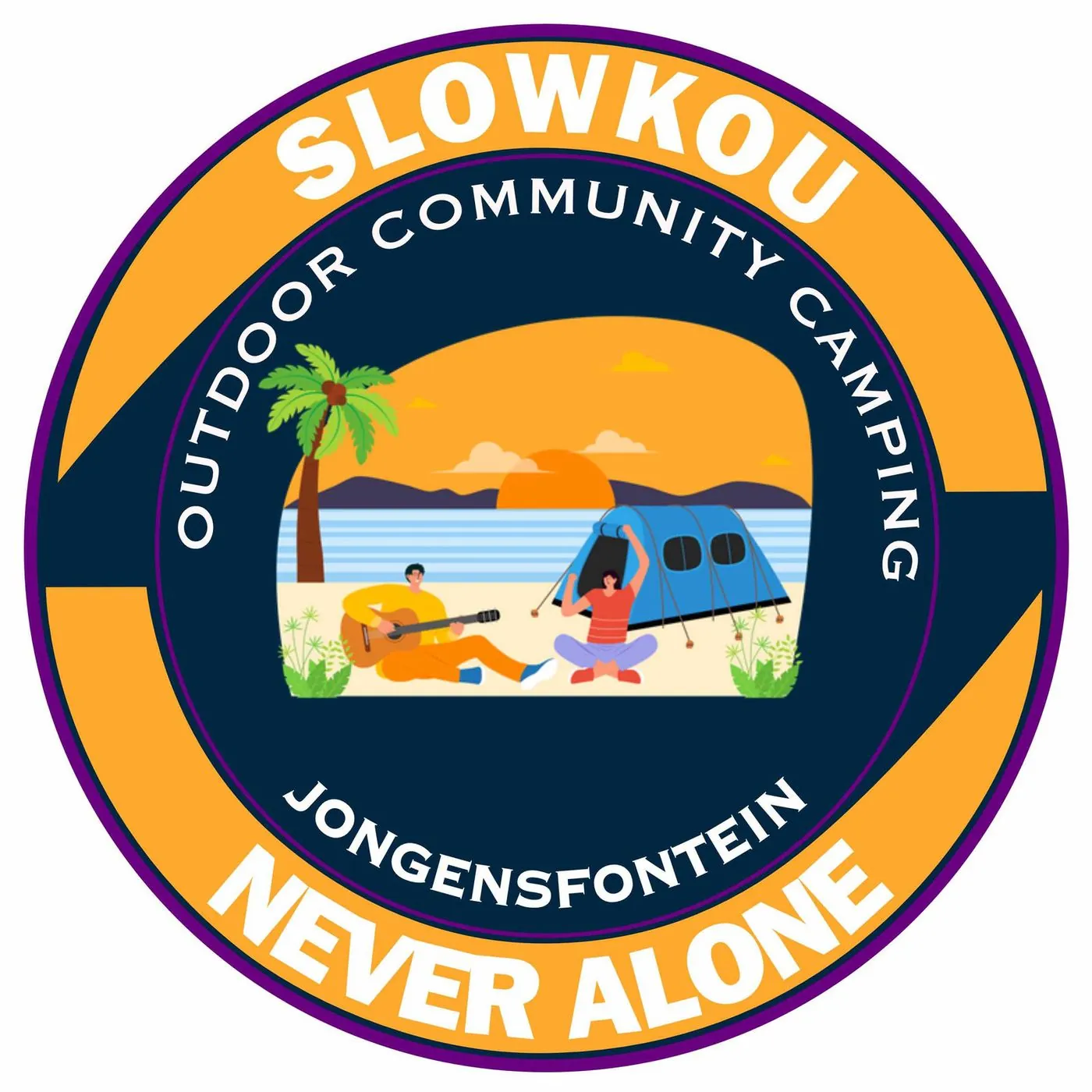 A round badge reading Slowkou Outdoor Community Camping, Jongensfontein, Never alone, with a tent and a guitar.