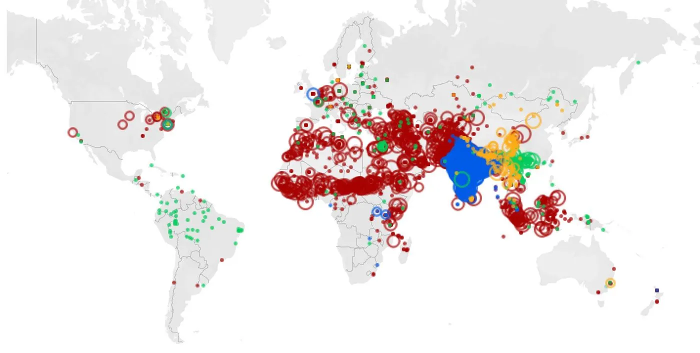 A world map dotted with red and blue points.