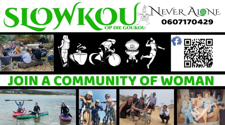 A banner reading Slowkou, Never alone, Join a community of woman, with small photos of activities.