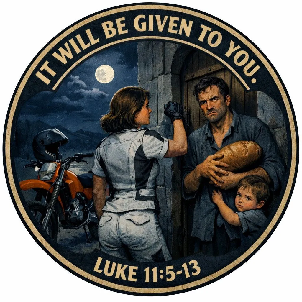 A round graphic reading It will be given to you, Luke 11:5-13, showing a woman with a motorbike, a man and a child at a door by moonlight.