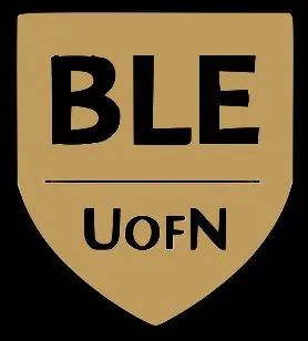A black and gold shield with the letters BLE and UofN.
