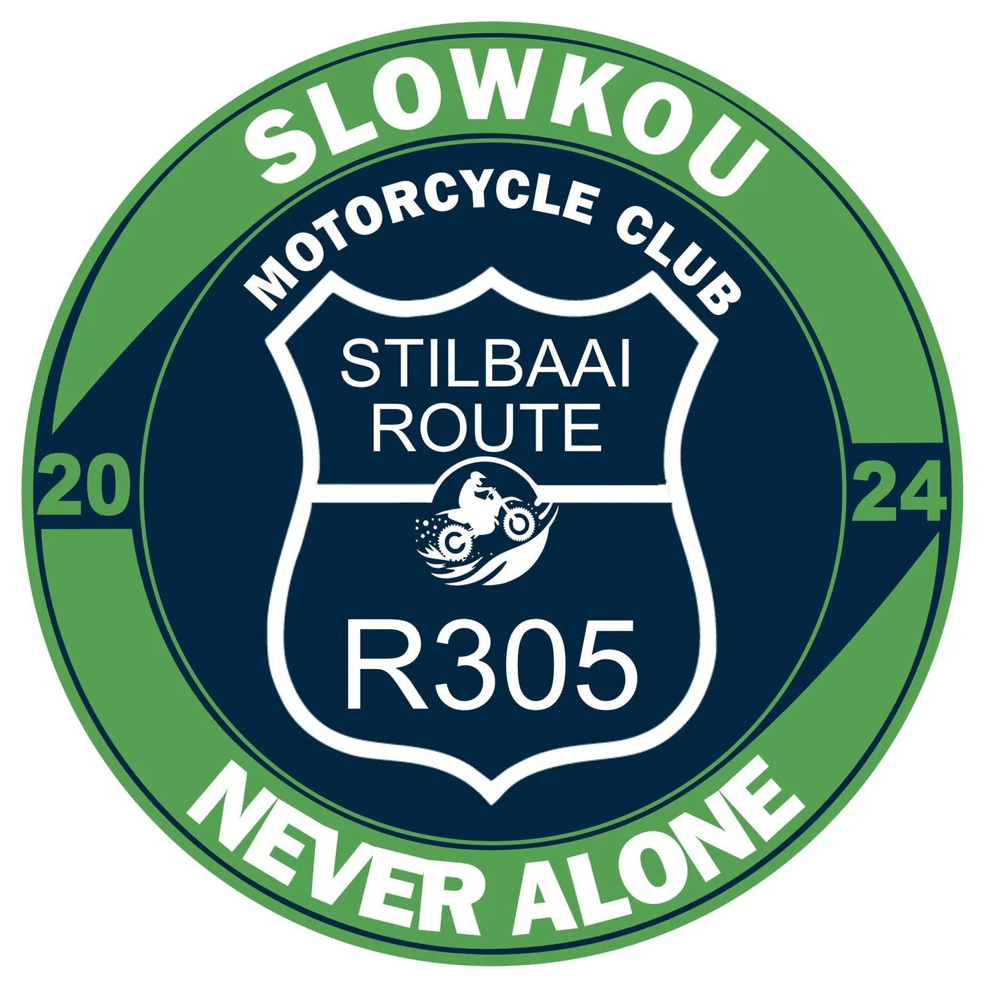 A round badge reading Slowkou Motorcycle Club, Stilbaai Route R305.