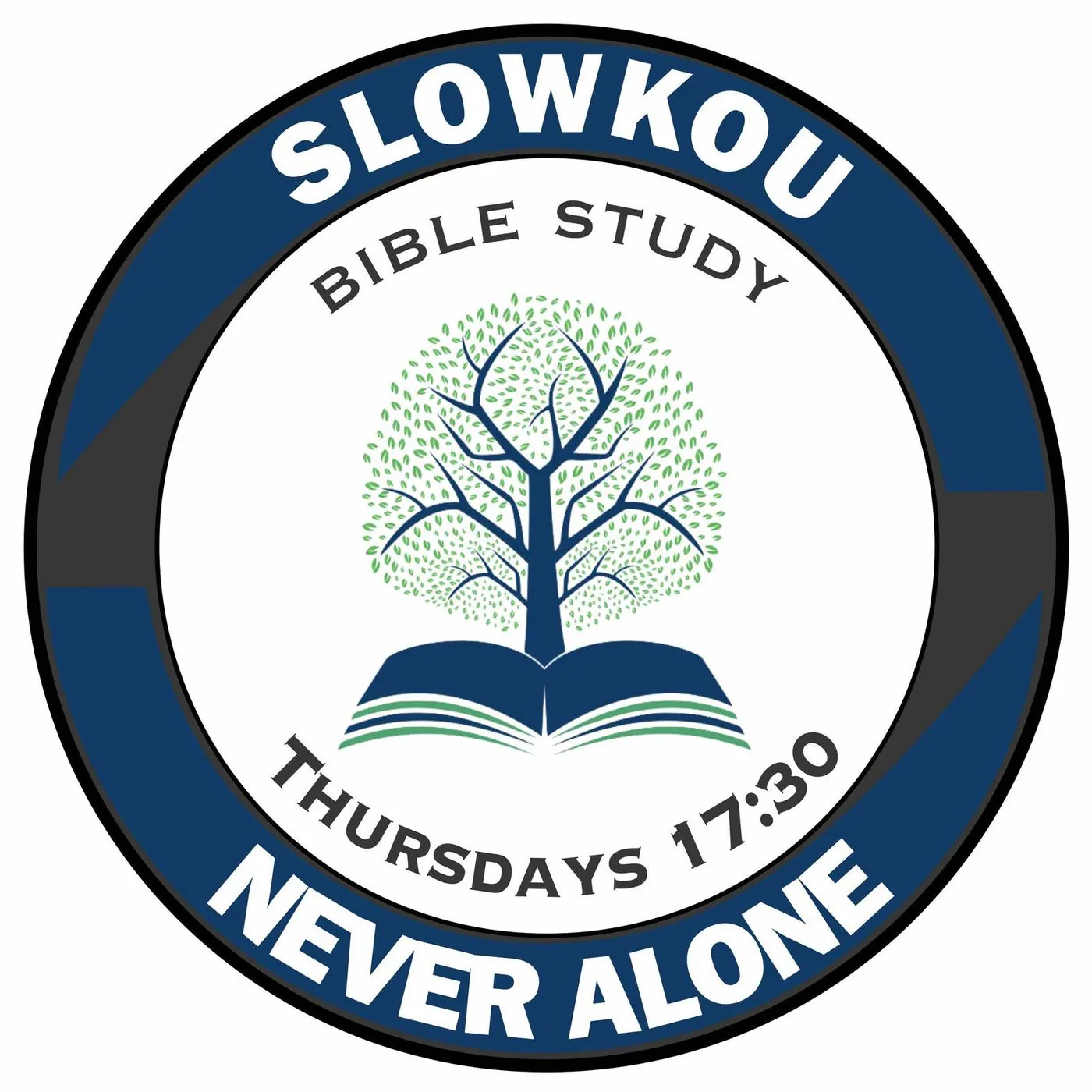 A round badge reading Slowkou Bible study, Thursdays 17:30, Never alone, with a tree growing from a book.
