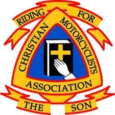 A red, yellow and white triangular badge reading Christian Motorcyclists Association, Riding for the Son.