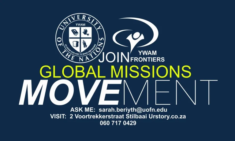 A navy banner reading Global Missions Movement, Join Frontiers, with the University of the Nations seal and contact details.