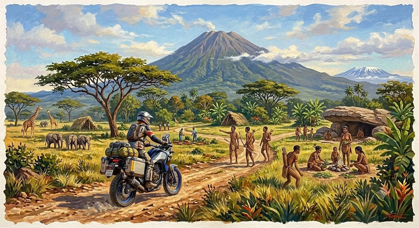 A painted scene of a motorbike rider on a dirt track in a savannah landscape with acacia trees and a volcano.