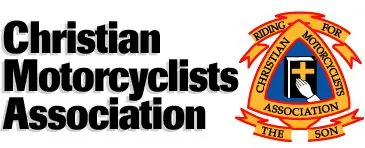 The logo of the Christian Motorcyclists Association: a triangular badge with a cross and a Bible, beside the association's name.