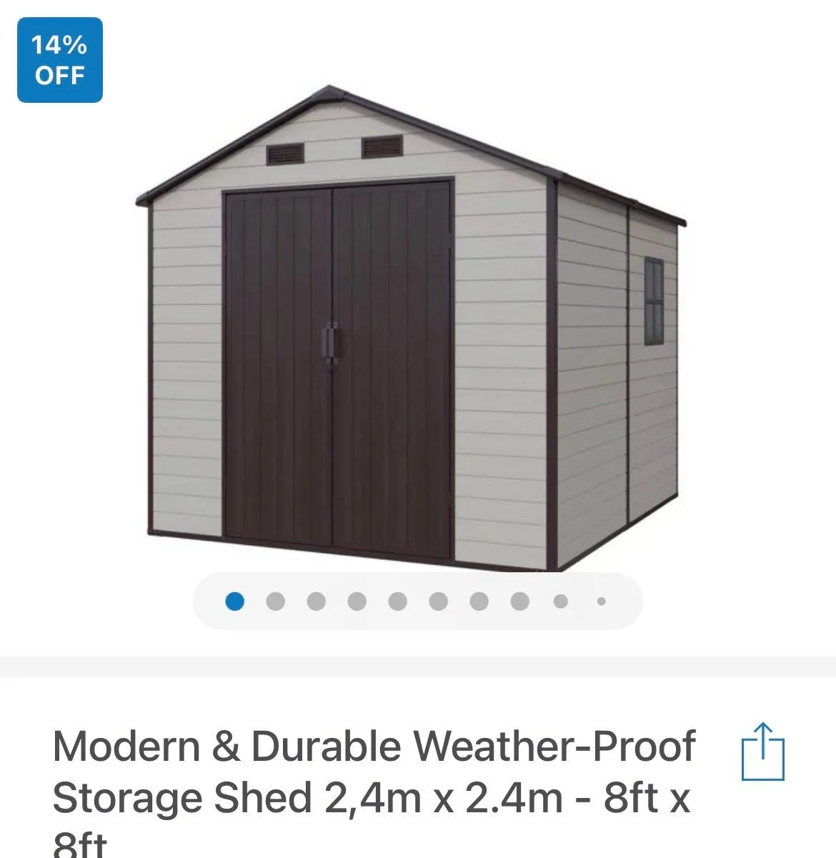A product photo of a grey and brown garden shed, described as a modern and durable weather-proof storage shed, 2.4m x 2.4m.
