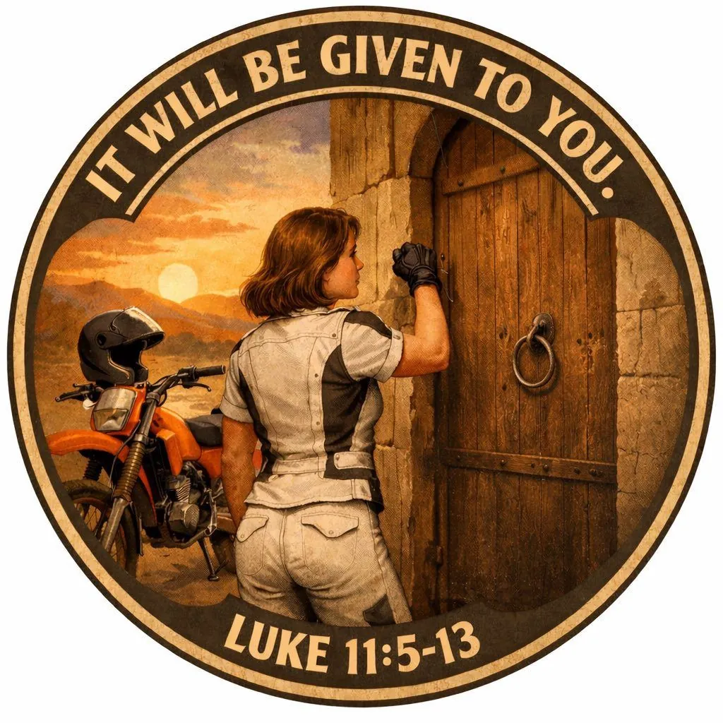 A round graphic reading It will be given to you, Luke 11:5-13, showing a person knocking on a wooden door.
