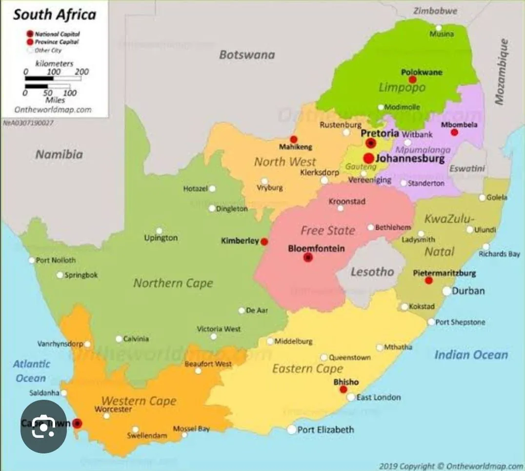 A map of South Africa's provinces in colour, with red markers.