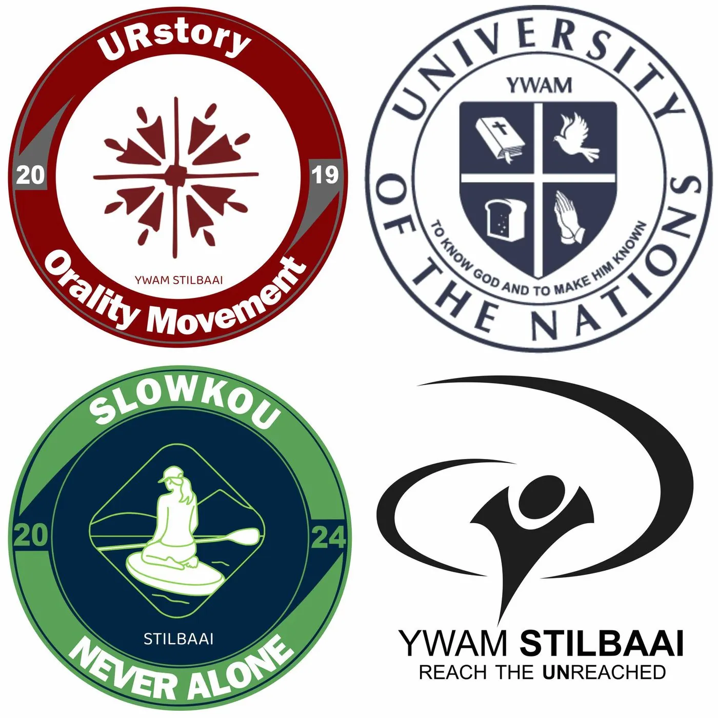 Four round badges: URstory Orality Movement, University of the Nations YWAM, Slowkou Never alone and YWAM Stilbaai.