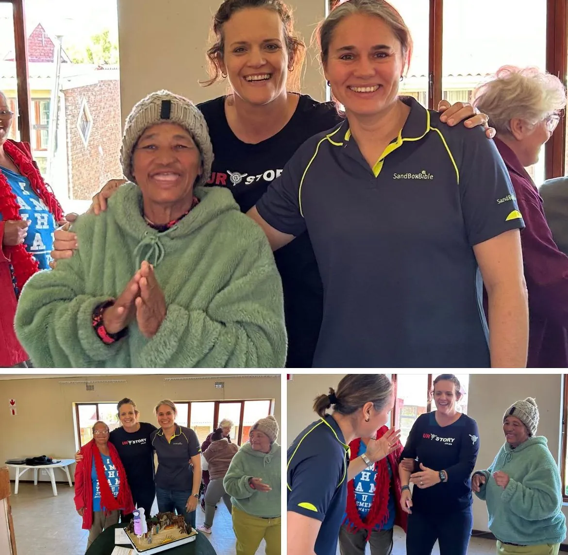 A collage of smiling women in matching shirts posing together at events.