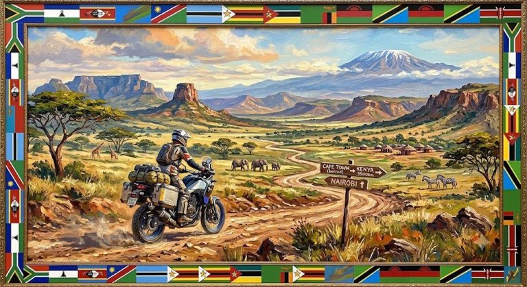 A painted landscape with a motorbike rider on a path, mountains and a snow-capped peak, in a decorative border.