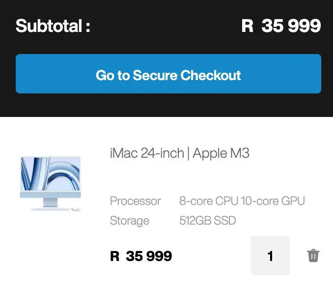 A screenshot of a shopping cart showing a subtotal of R 35 999 and a blue Go to secure checkout button, with an iMac 24-inch Apple M3 listed.