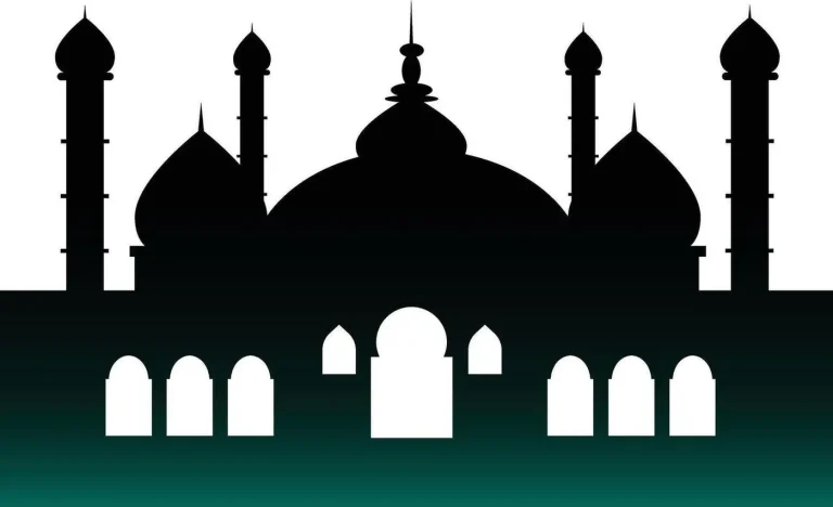 A black silhouette of a mosque with domes and minarets on white.