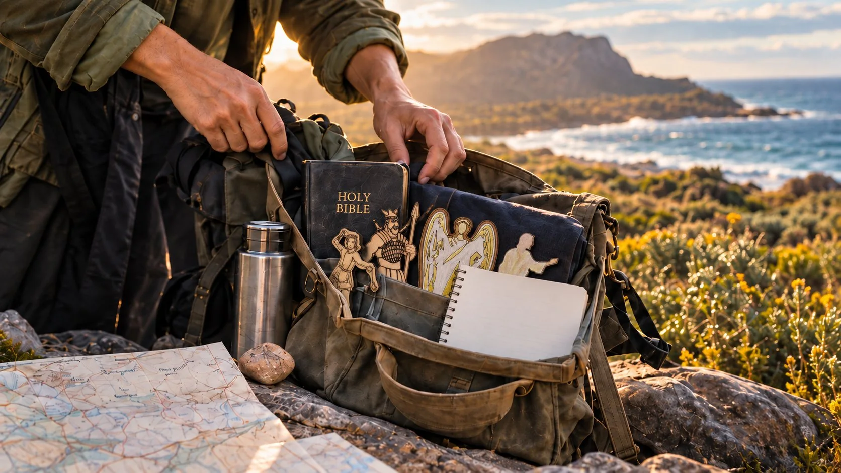 Hands lifting a Bible from an open canvas field bag on a coastal hillside; flat wooden Bible-story figures, a notebook and a steel flask are in the bag, with a folded map beside it and the sea behind.