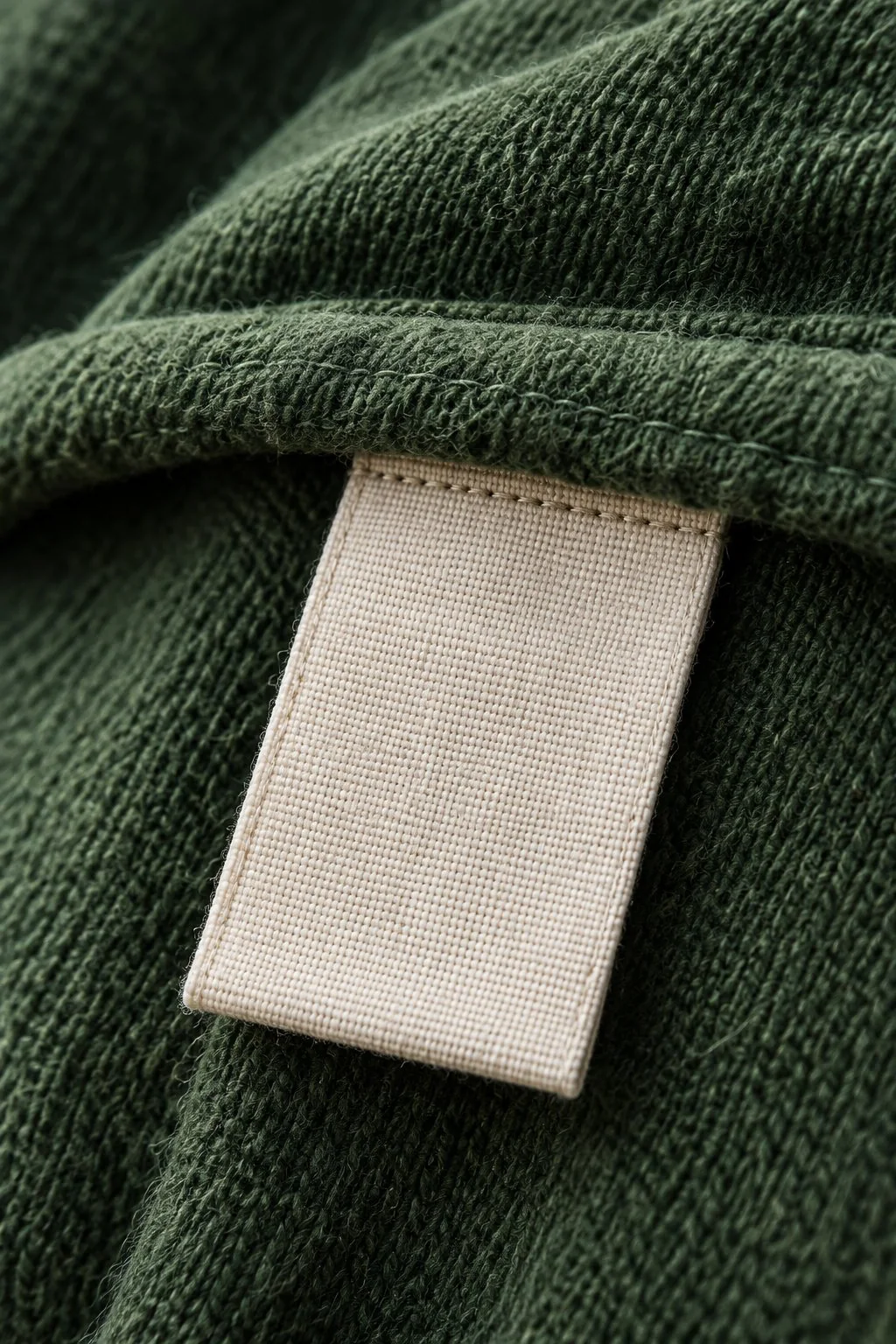 Close-up of dark green knitted fabric with a blank cream woven label sewn into the seam.