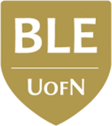 A gold shield-shaped badge reading BLE above a thin line and UofN. BLE stands for the College of Bible Engagement in the University of the Nations.