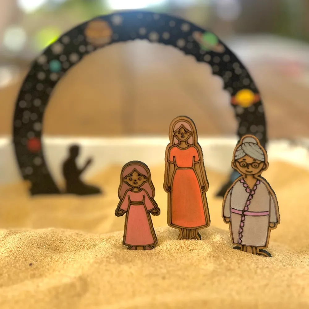 Three flat wooden figures of a girl, a woman and an older woman with glasses standing in sand in front of a black arch decorated with planets, with a kneeling figure in silhouette behind.