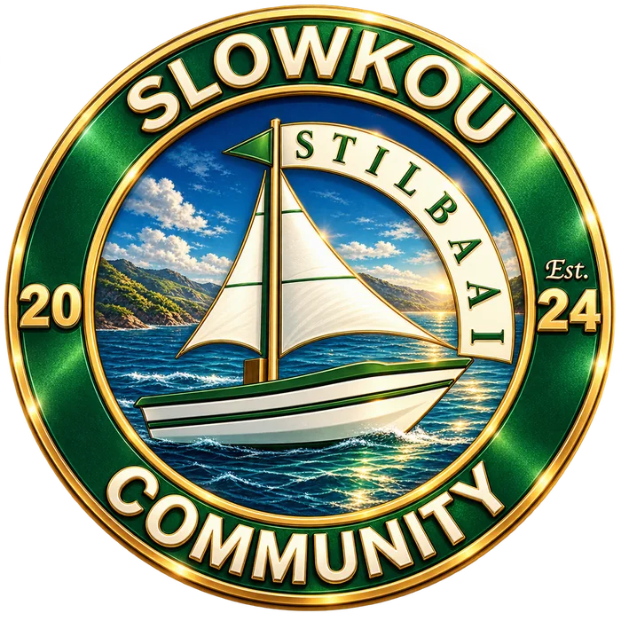 Round Slowkou Community badge: a white sailing boat with a green flag on blue water with green hills behind it, inside a green and gold ring that reads Slowkou at the top and Community at the bottom, with Stilbai on a banner across the sails and 20 and 24 on the sides.