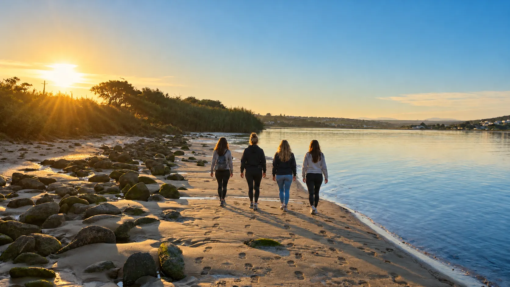 Four women walking away from the camera along a sandy riverbank with mossy rocks, with the low sun on the left, a calm river on the right and a village on the far bank.
