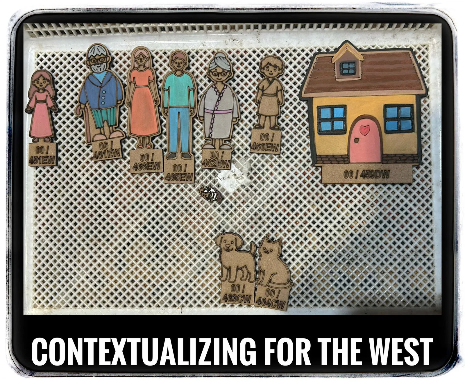 Wooden cut-out figures of family members and a house on a lattice board, captioned Contextualizing for the West.