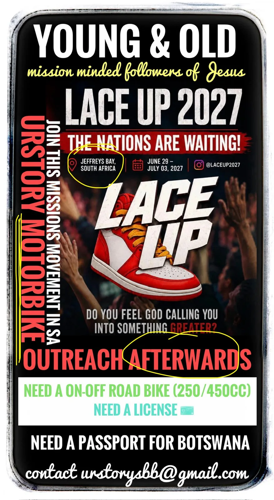 Poster: Young and Old, Lace Up 2027, The nations are waiting, URstory motorbike outreach afterwards in South Africa, contact urstorysbb@gmail.com.